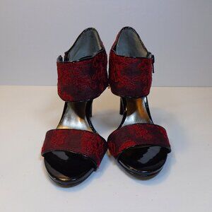 Carlos Women's Red Black Embroidered High Heel Leather Sandal with Zip‎ Size 7M
